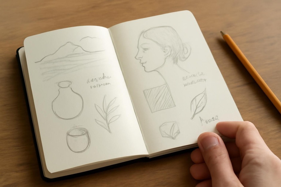 Open sketchbook with simple sketches and notes