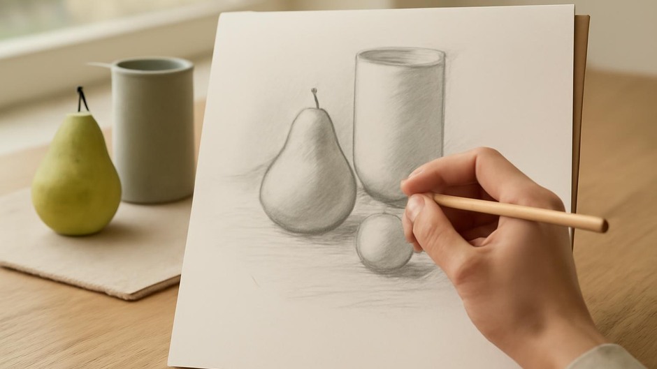 Hand holding pencil drawing a still life