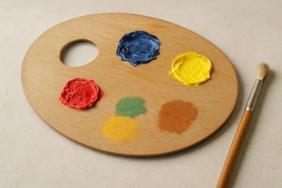 Paint palette with three primary colours and mixed swatches