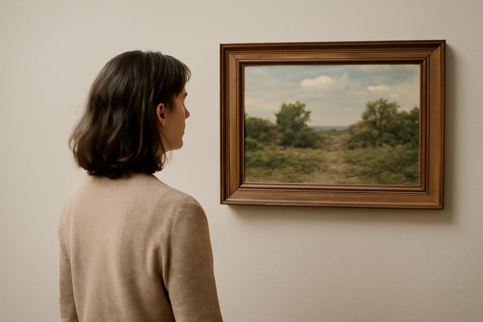 Person studying a framed image on a wall